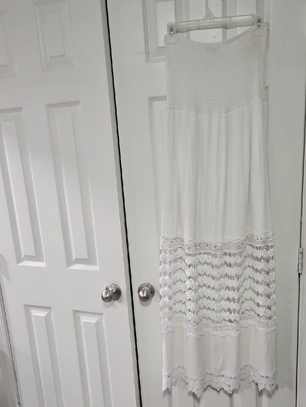 Justify White Strapless Maxi with Crochet Panels
